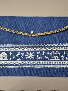 Jute Cottage Blue Jute Portfolio Folder Warli Art Document Envelope Folk Art